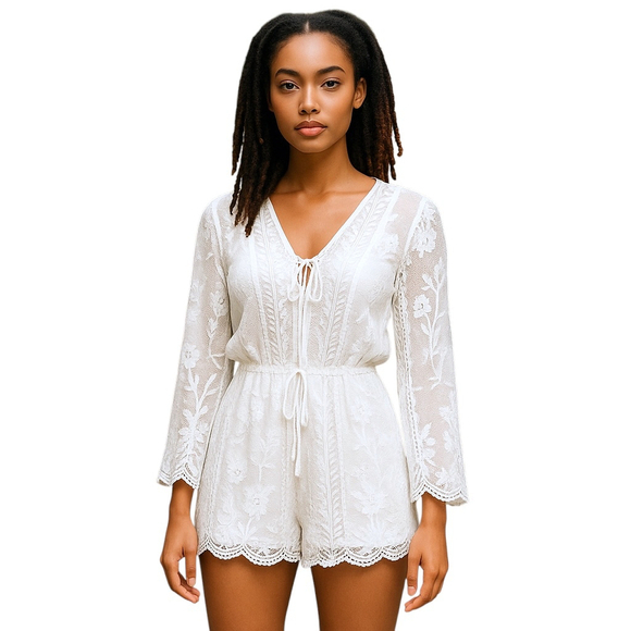 Gianni Bini Pants - Ivory White Lace Long Sleeve Romper Fully Lined Size Small